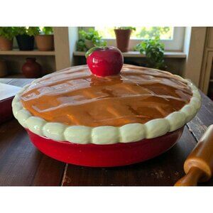 New Brown Ceramic Fall Thanksgiving Apple Pie Baking Dish Pan Storage + Lid